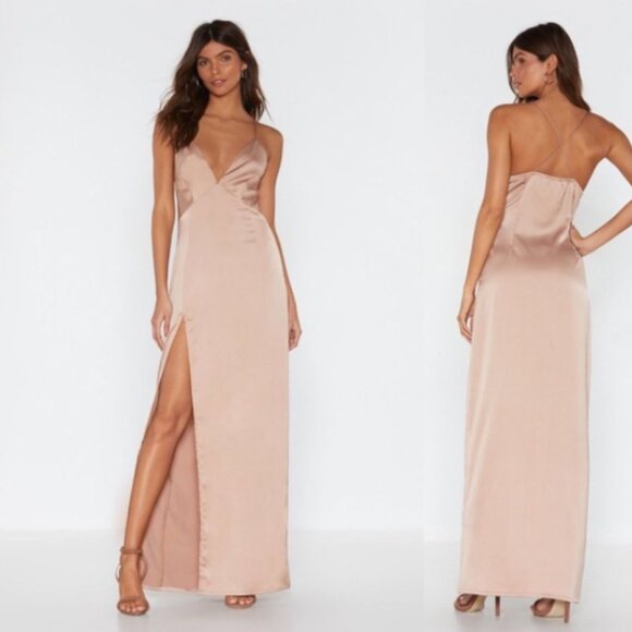 Nasty‎ Gal Look at You Sexy Satin Maxi Dress 4 Nude Babydoll Coquette Y2K NWT - Picture 1 of 14
